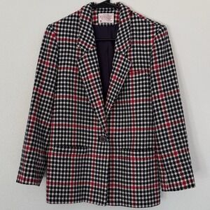 Pendleton Women's 6p Hounds Tooth Blazer 100% Virgin Wool Navy Blue And Red‎